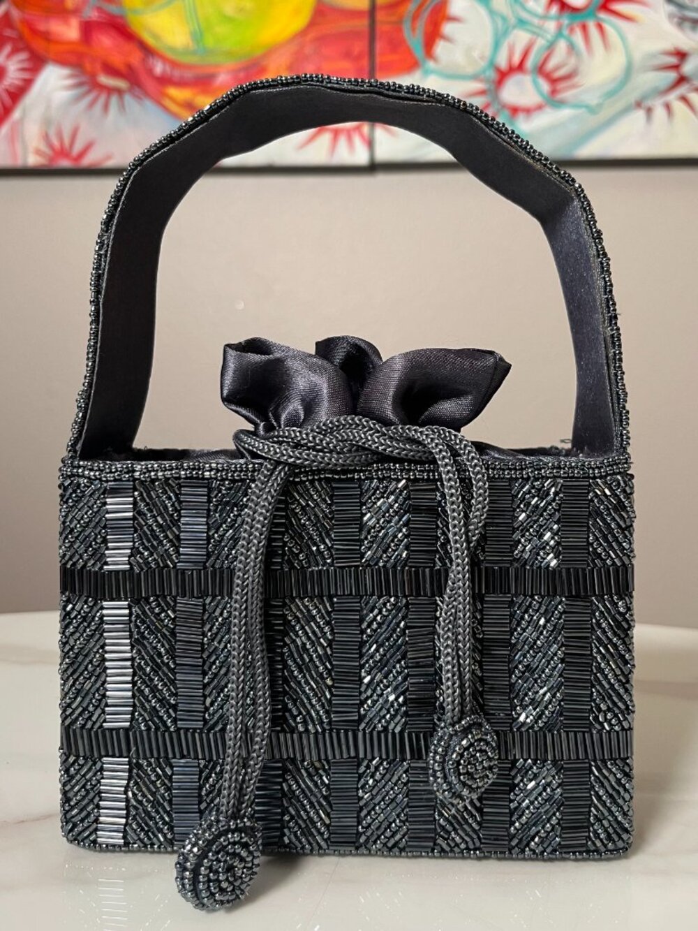 La Regale Gunmetal Gray Beaded Art Deco Vintage Top Handle Evening Bag